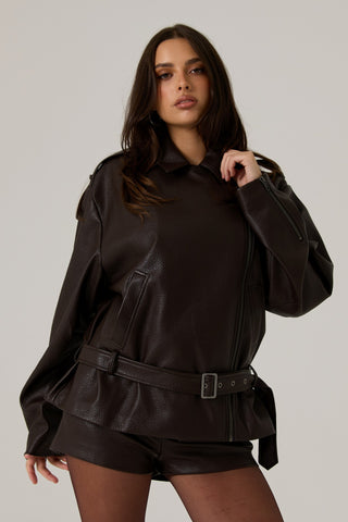 Berkley Vegan Leather Biker Jacket - Dark Truffle
