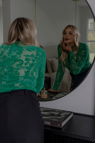 Flocked Lace LS Top - Apple Green