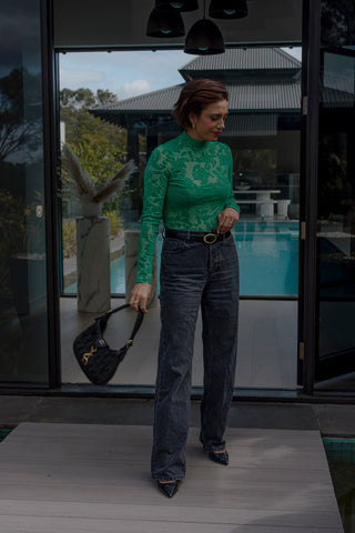 Flocked Lace LS Top - Apple Green