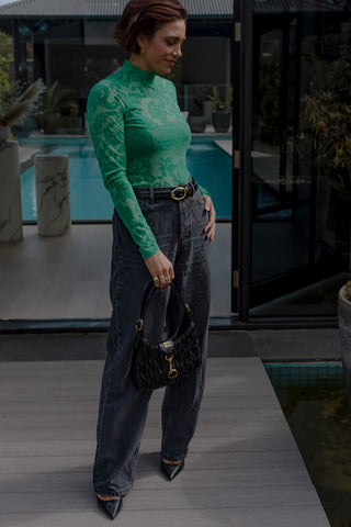 Flocked Lace LS Top - Apple Green