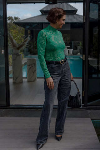 Flocked Lace LS Top - Apple Green
