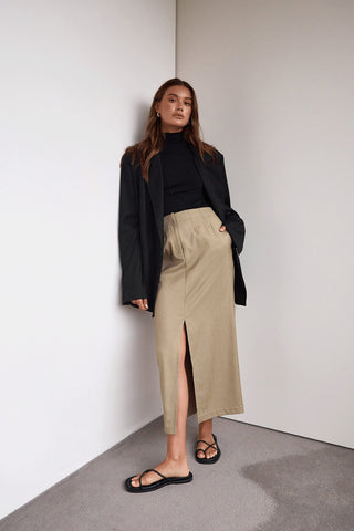 Zoe Split Midi Skirt - Light Olive Pinstripe