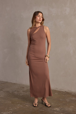 WILLOW TWIST NECK MIDI DRESS - CHOCOLATE