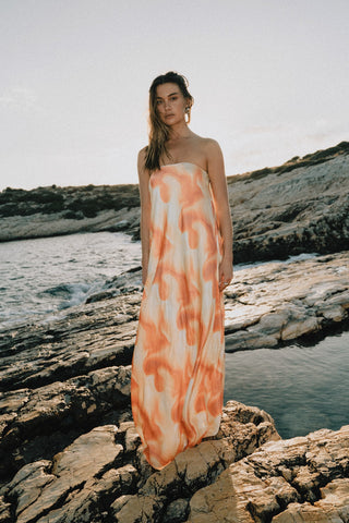 Cameron Satin Strapless Dress - Mango Abstract
