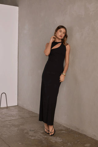 WILLOW TWIST NECK MIDI DRESS - BLACK