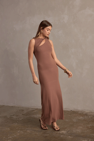 WILLOW TWIST NECK MIDI DRESS - CHOCOLATE