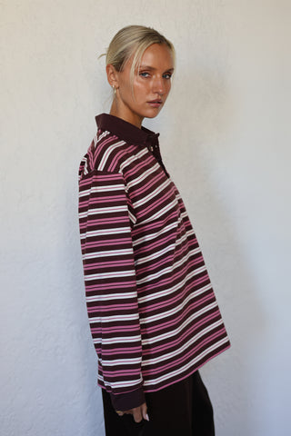 Bobbie Relaxed Rugby Shirt - Burgandy / Pink / Cream Stripe