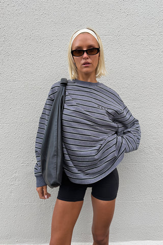 Frankie Crew Neck Fleece - Charcoal / Black Stripe
