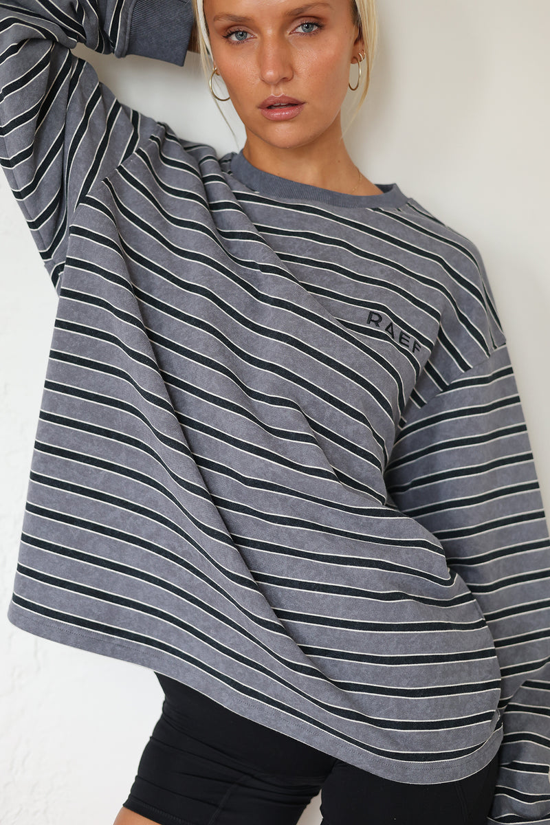 Frankie Crew Neck Fleece - Charcoal / Black Stripe