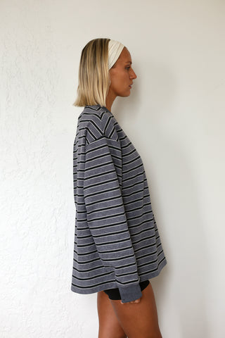 Frankie Crew Neck Fleece - Charcoal / Black Stripe