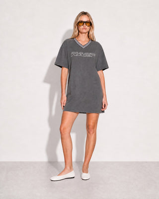 RAEF The Label Alix dark grey V-neck mini tee dress with ribbed trim, dropped shoulders, and front logo embroidery.